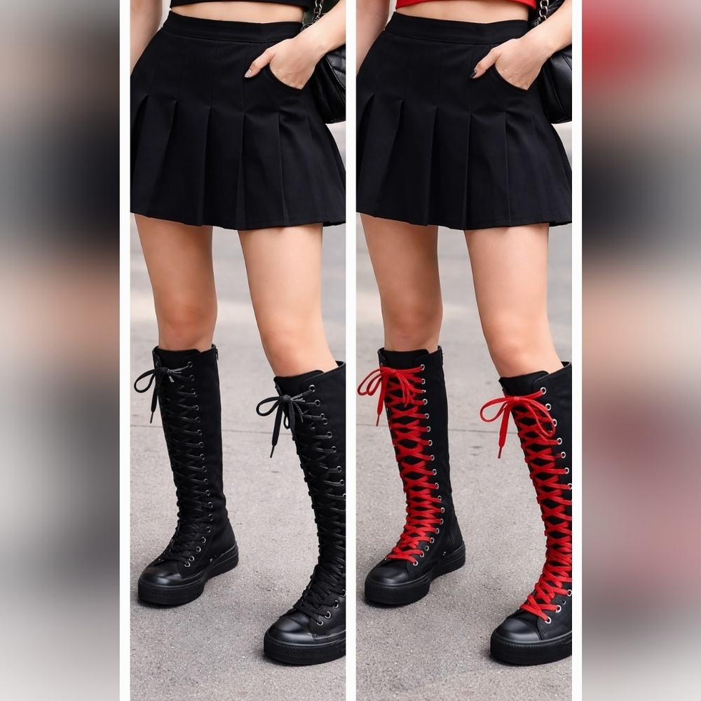 Y2K Black Knee-High Converse Sneakers Women’s Size 8 – Bold Red Laces, Retro Y2K - Picture 2 of 16